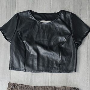 Vegan Leather Short Sleeve Crop Top